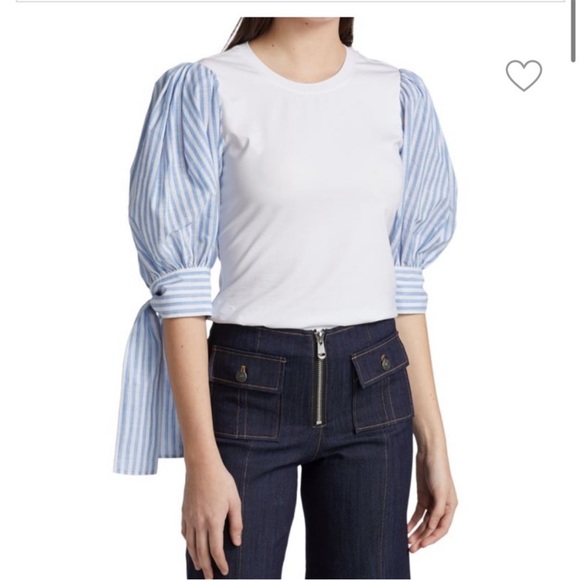 Cinq a Sept Carlie Top White W/ Contrast Blue Striped Sleeves - Picture 3 of 13